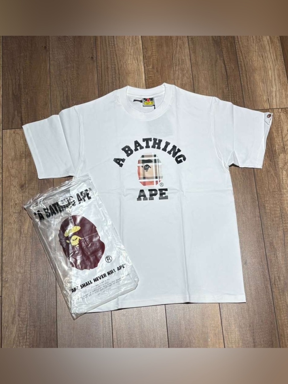 A Bathing Ape BAPE x Burberry White Short Sleeve Ape Logo Tee Size M